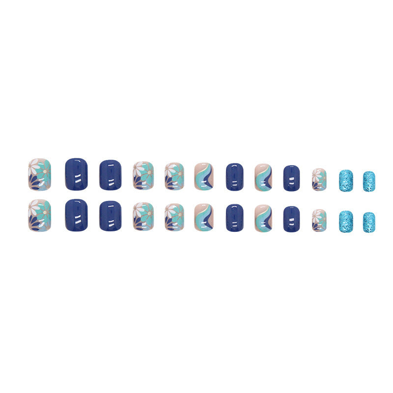 Short Fresh Morandi Blue Wave Fall Nails - High-Shine Glitter Nail Tips