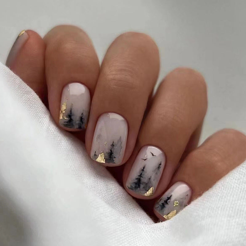 Retro Chinese Watercolor Short Nails, Gold Foil Accent, Ins Style