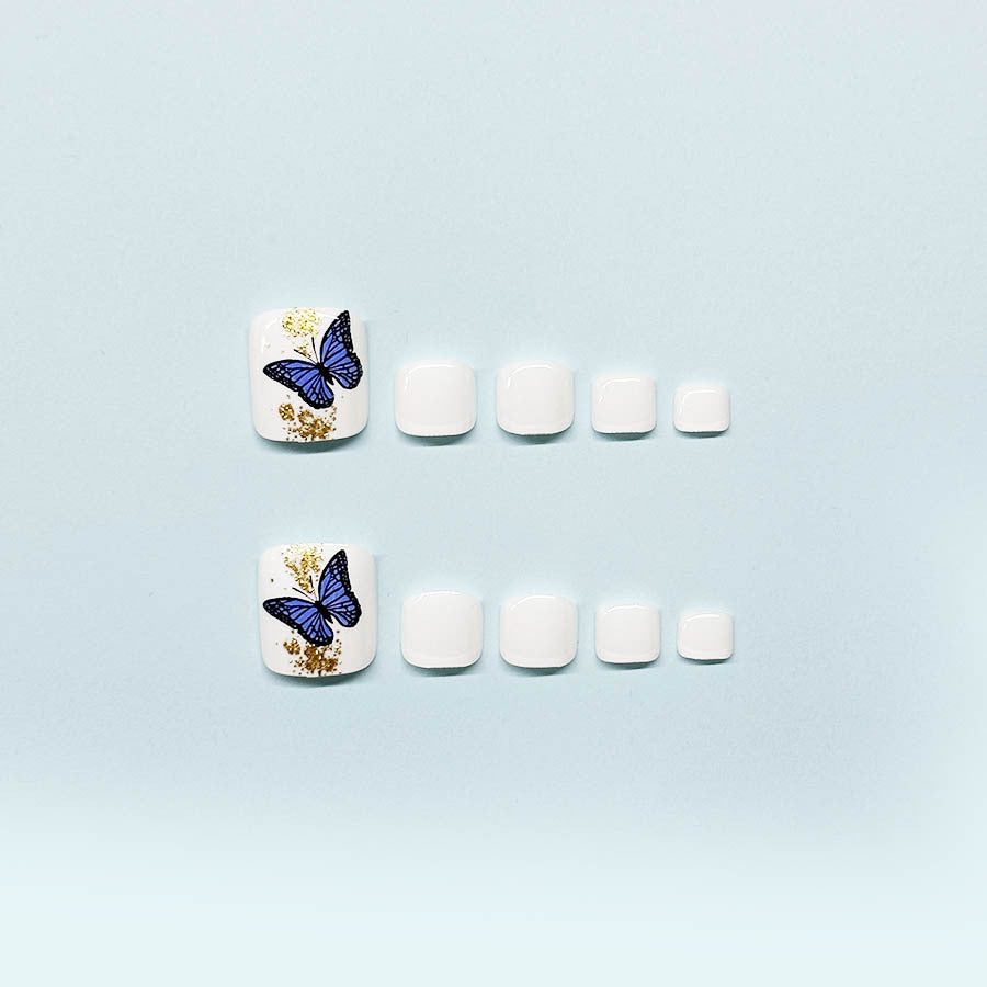 Cross-border fashion pure white foot armor noble female style gold powder dark blue butterfly pearl short square fake nail nail removable