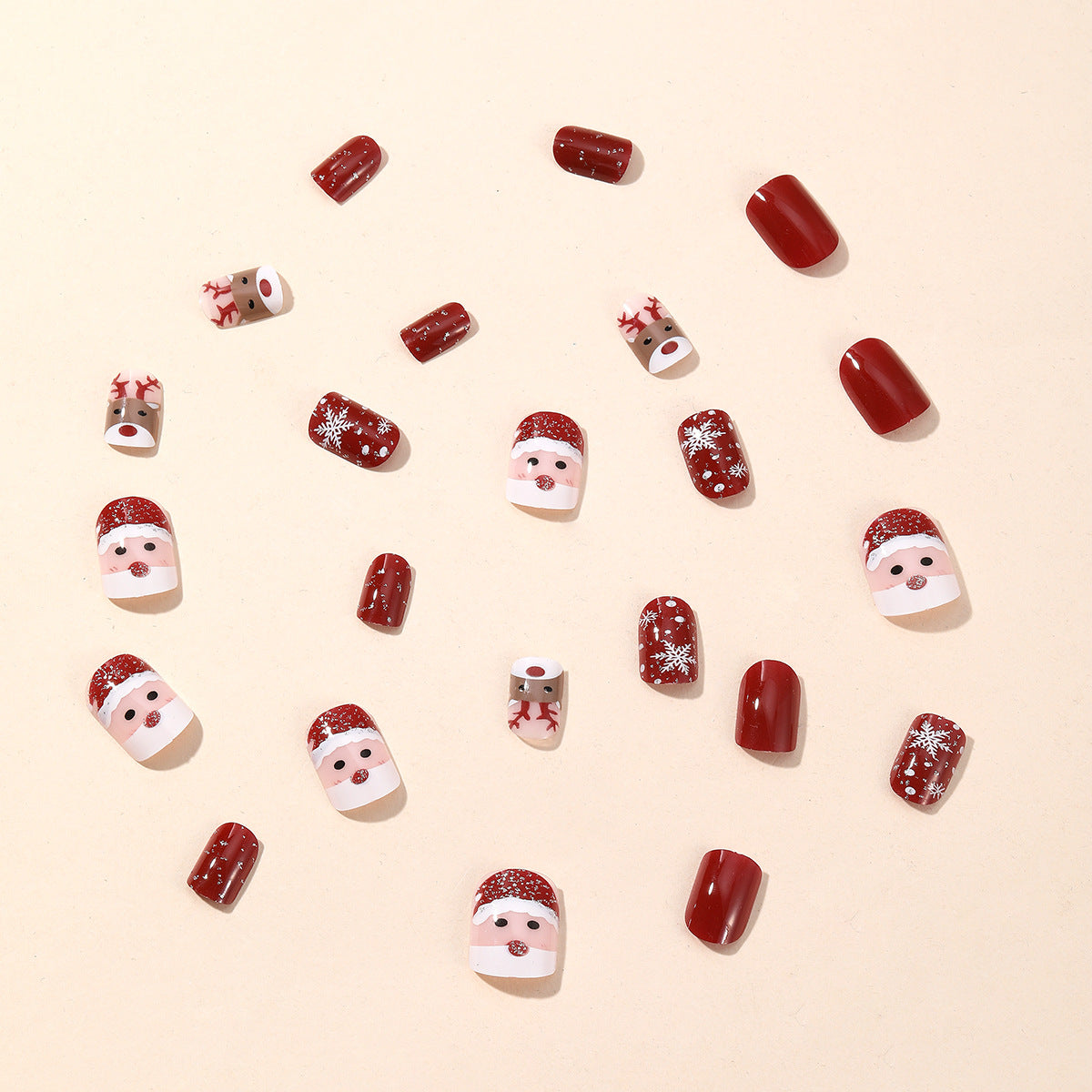 Christmas Red Short Square Santa Reindeer Glitter Detachable Fake Nails