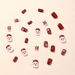 Christmas Red Short Square Santa Reindeer Glitter Detachable Fake Nails