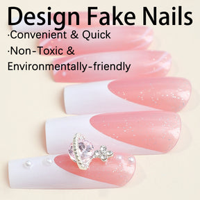 Long Detachable Nail Tips with Rhinestones and Pearl White Edge