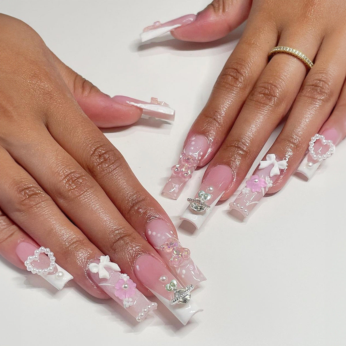 Removable Fairy Pink Nail Art with Floral French Edge