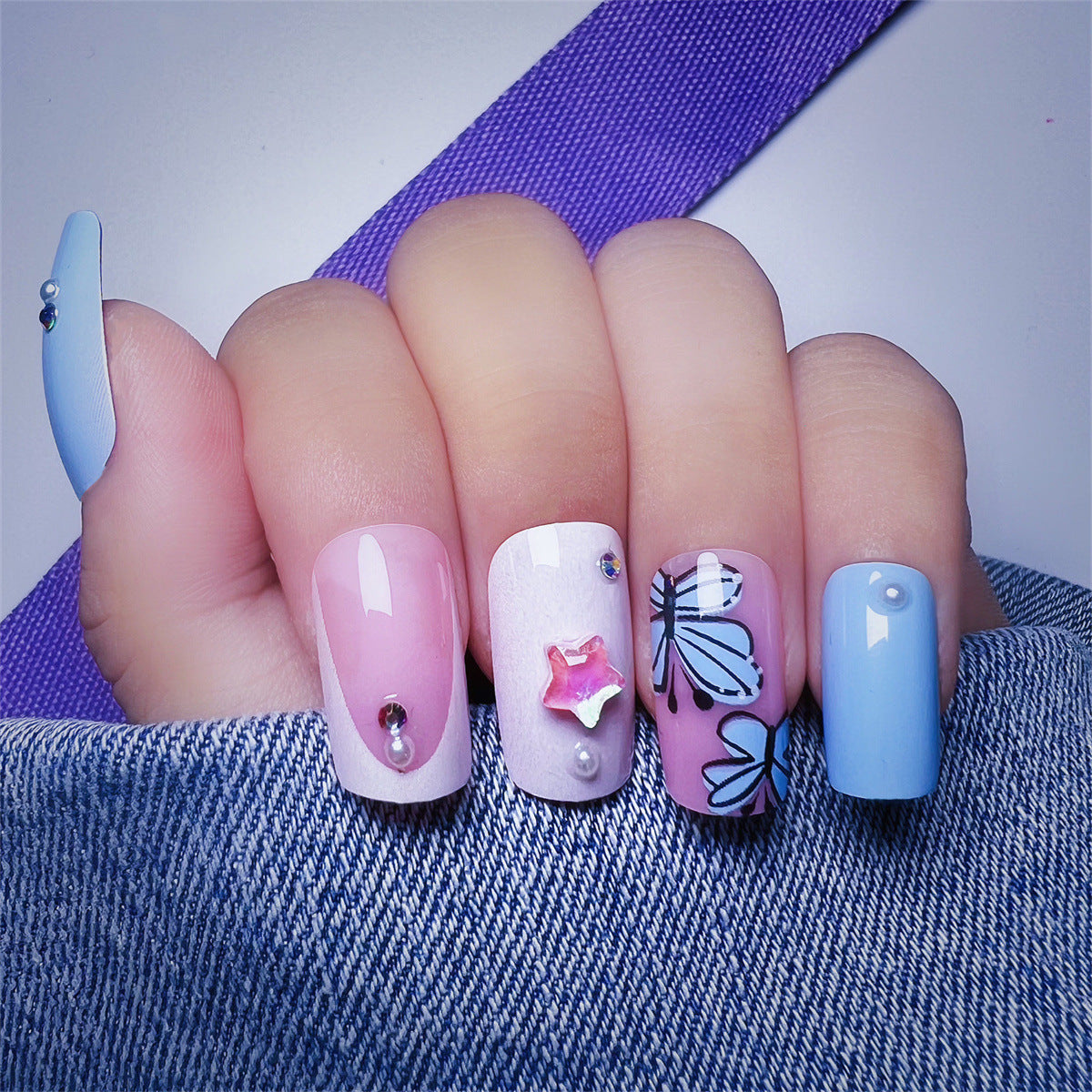 Cute Blue Pink Cartoon Hand-painted Nails - Removable (Wholesale 24-Piece)