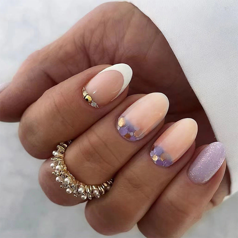 Oval Minimalist French Nails, Lilac with Gold Foil and Crystals