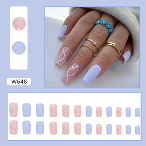 Square Mid-Length Pink Blue Gold Nails - Matte Finish, Wave Pattern