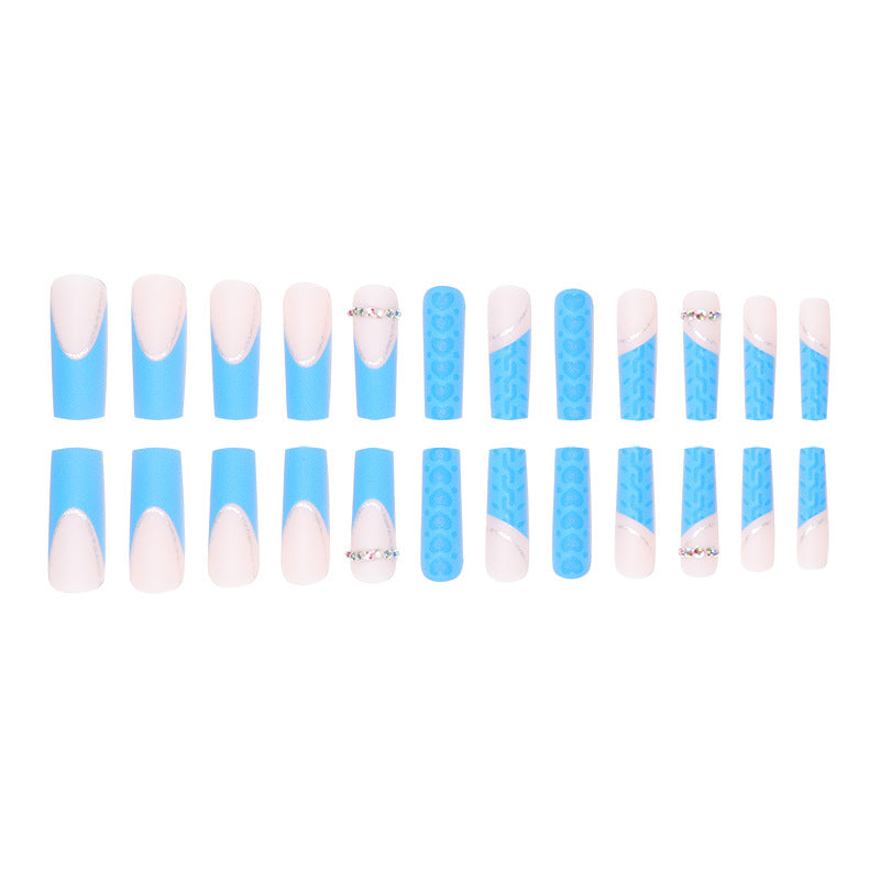 3D Heart Long Waterpipe Nails with Blue Sparkle