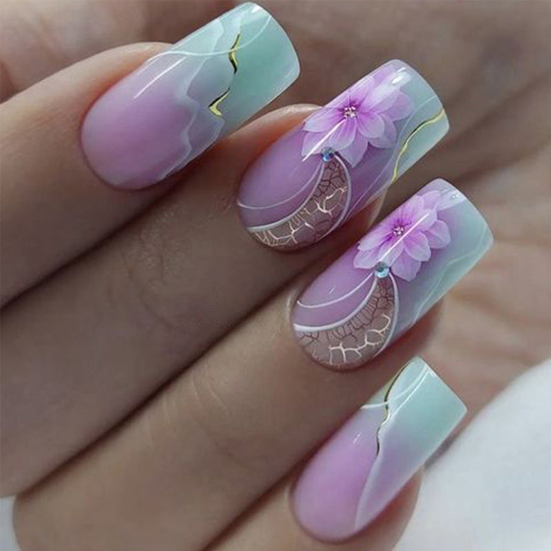 Ombre Flower Square Nails - Pre-Made, Stylish, and Glamorous