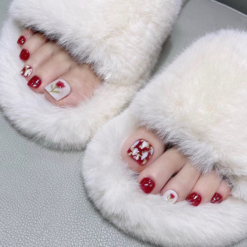 Cherry Wine Red Leopard Print Flower Toe Nails Bridal Sweet Chic Fake Nails