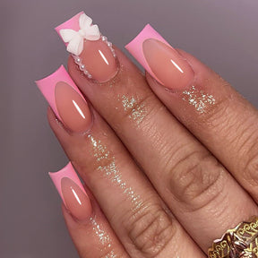 3D Bow French Nails - Pearl Accent, Waterpipe Shape