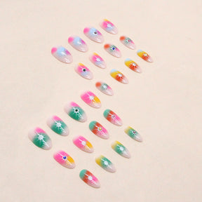 Colorful Rainbow Star Diamond Nails Euro Star Almond Fake Nails Spicy Girl Halloween