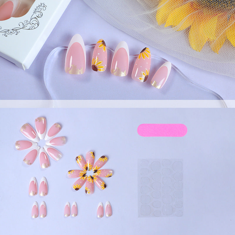 New Summer French Almond Nails with 3D Sunflowers