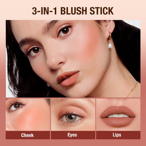 Lipstick Blush Stick 3-in-1 Eyes Cheek and Lip Tint Buildable Waterproof Lightweight Cream