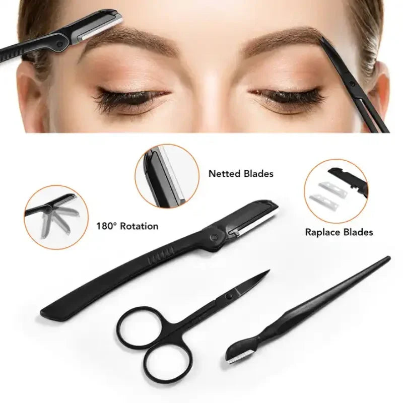 Black Eyebrow Trimming Scissors Stainless Steel Tweezers Eyebrow Scraping Eyebrow Comb Razor