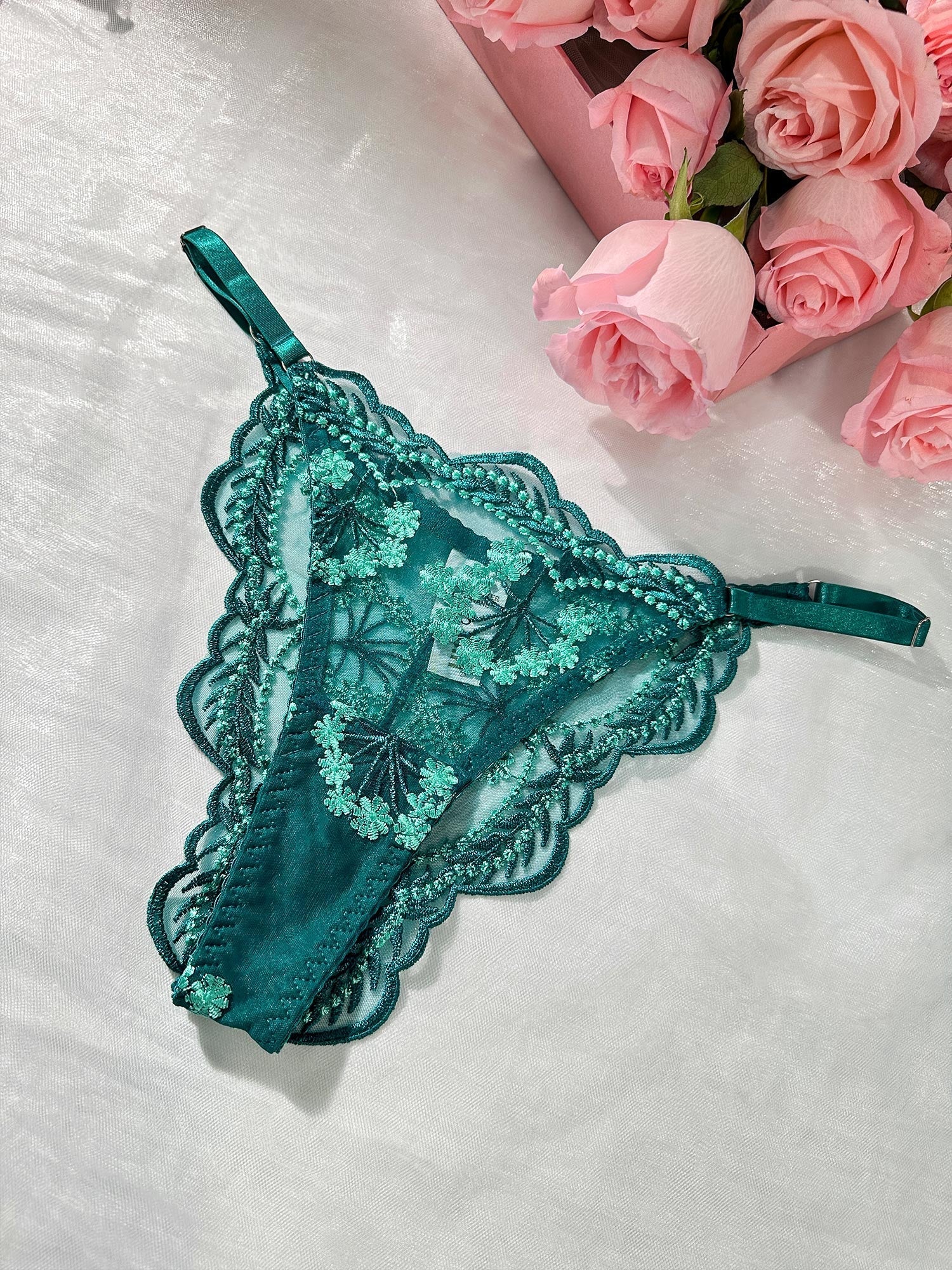 Free Shipping For Vintage Turquoise Satin Embroidered Thong